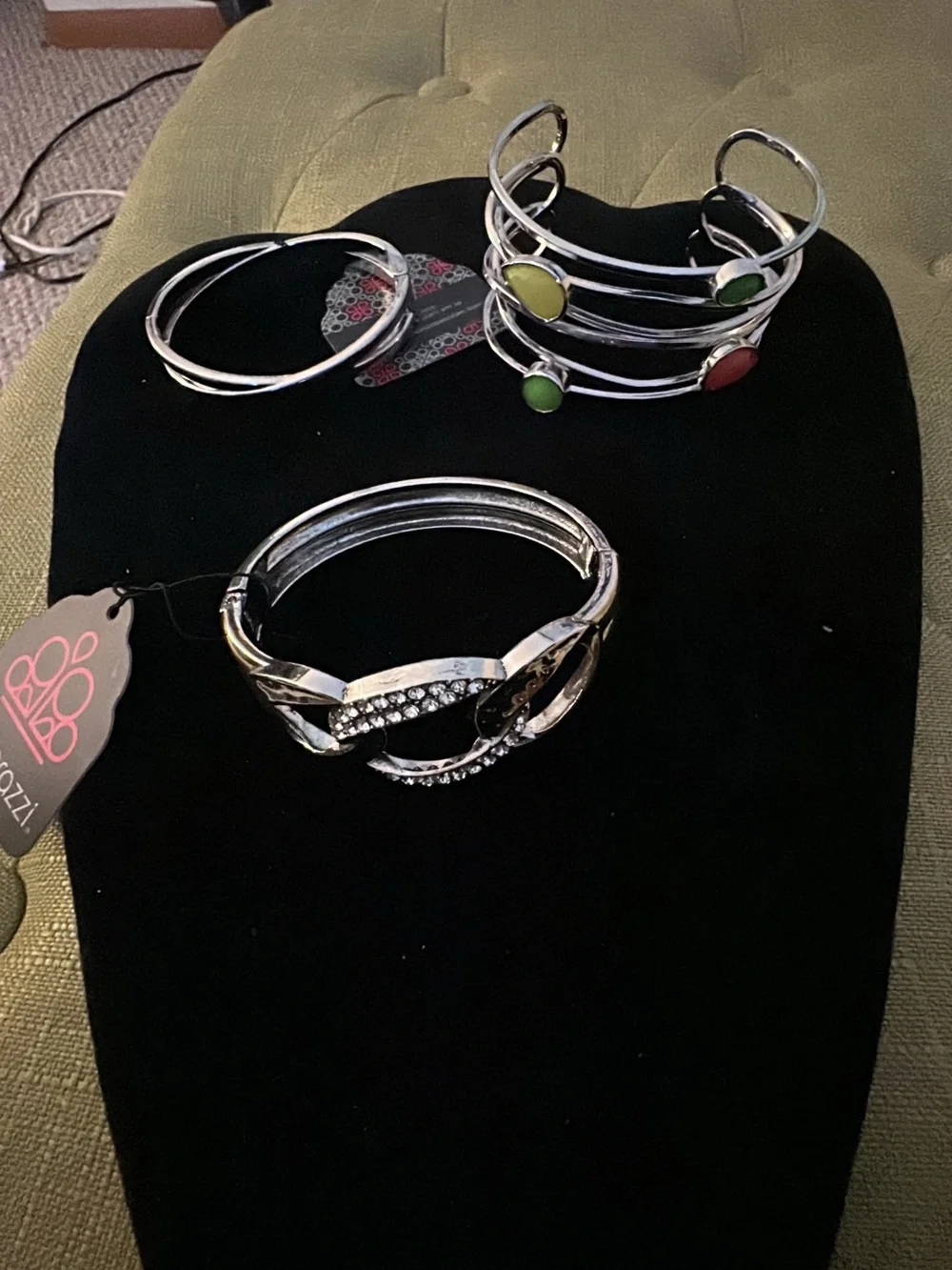 4 paparazzi Silver Cuff Bracelet Sets with Green and Red Accents